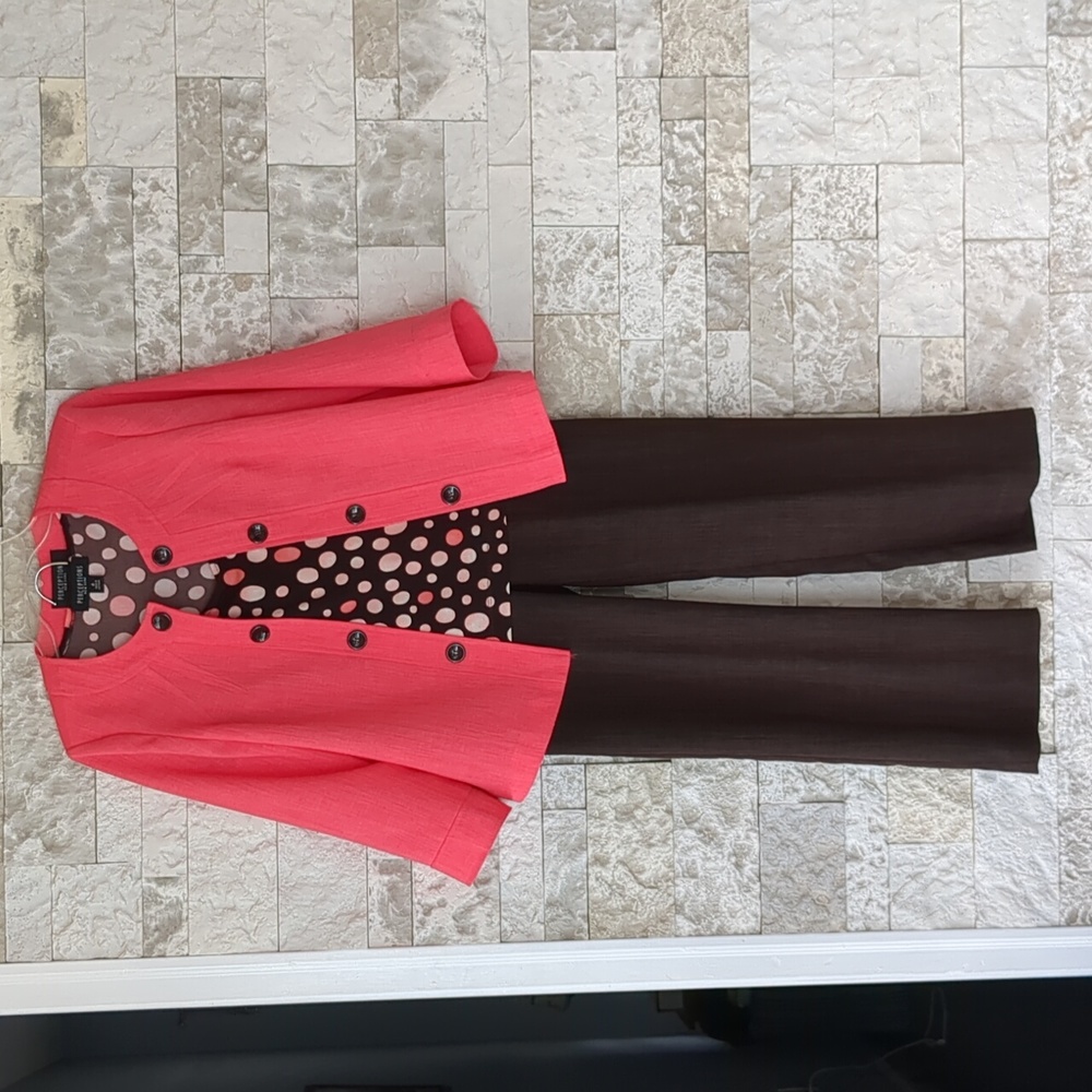 Perceptions Y2K 3 Pc Retro Pantsuit Sz 6, 3/4 Sleeve Coral Blazer, Polka Dot Top